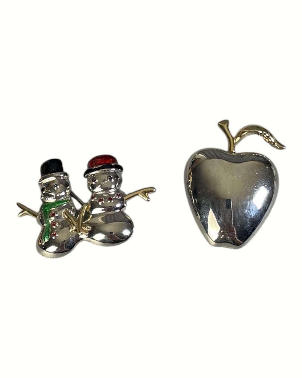 Vintage Liz Claiborne 2 Brooches: Silver/Gold Tone Apple & Snowman Couple